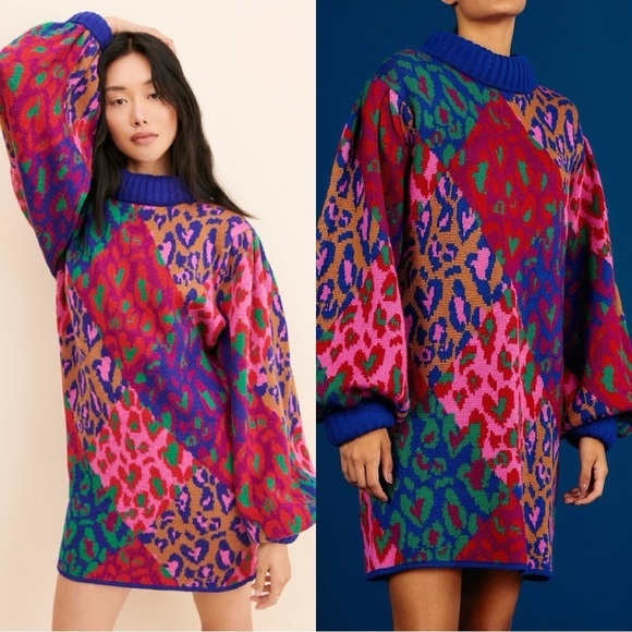 NWT FARM RIO Pop Leopard Print Colorful Long Sleeve Sweater Dress Sz M - Picture 1 of 5